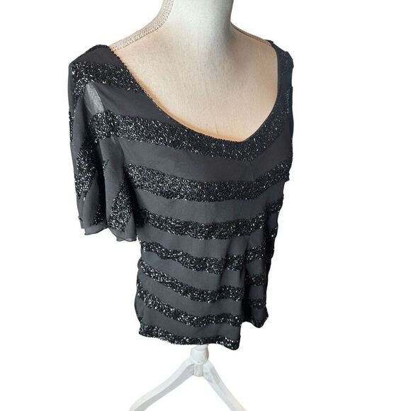 JKara Vintage Black Beaded Short Sleeve Top Y2K Goth Elegant Sz Med - Picture 2 of 5